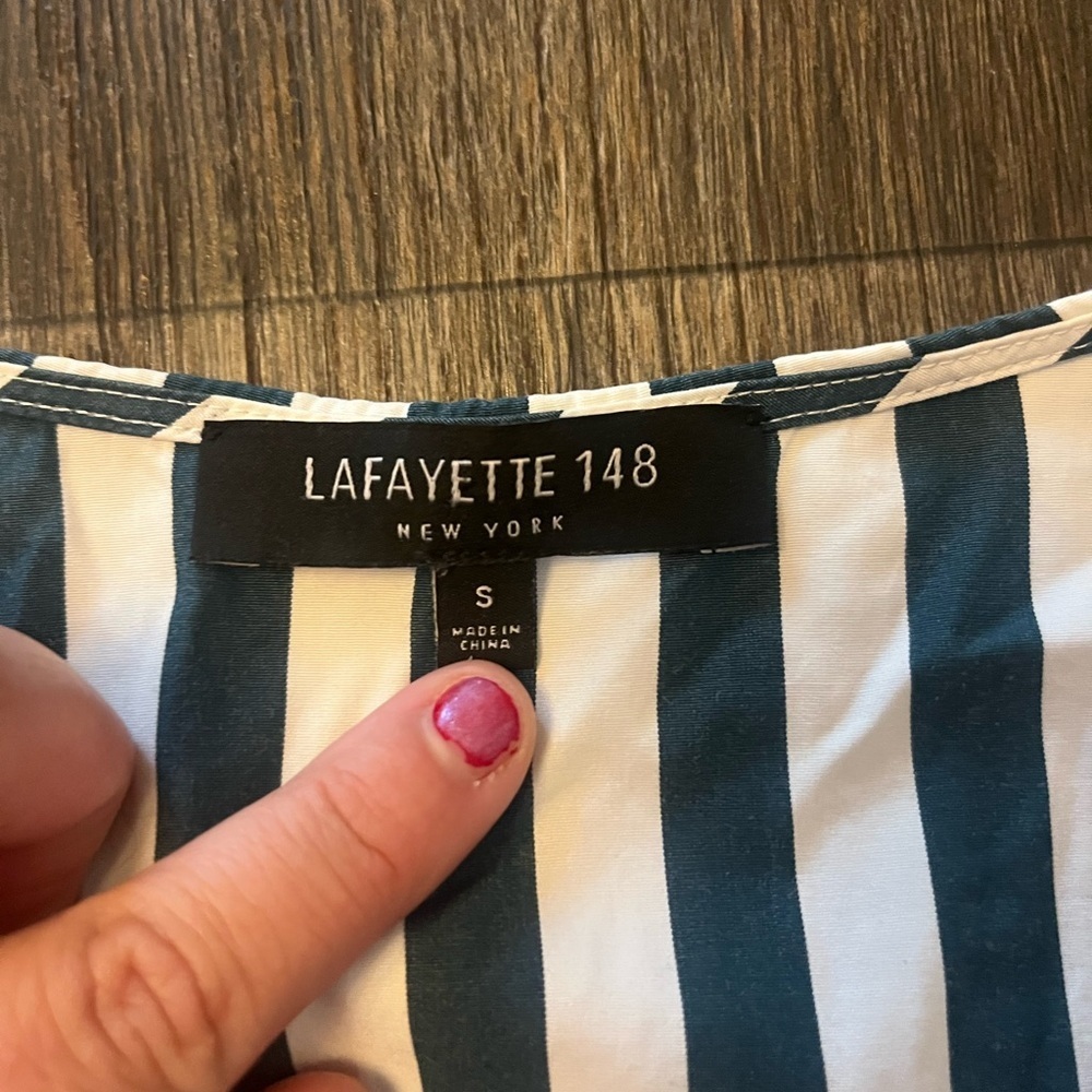 Lafayette 148 New York Blue and White Striped Wrap Blouse - Picture 5 of 11